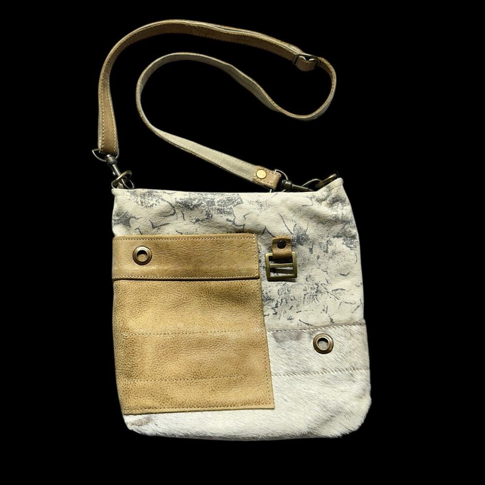 Myra Bag Crossbody Mixed Cowhide Canvas Boho Beige Gray